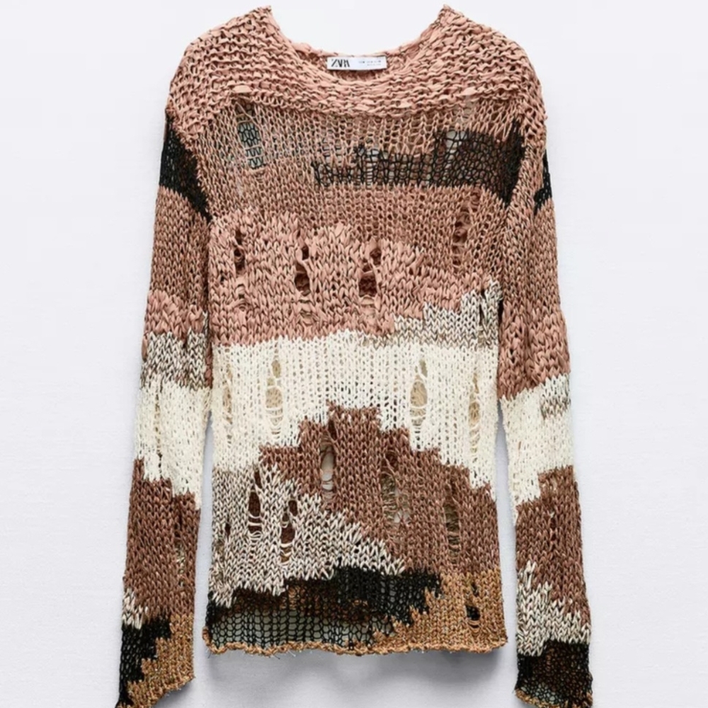 NWT RIBBON OPEN KNIT RIPPED DISTRESSED SWEATER WITH TRIMS BY ZARA